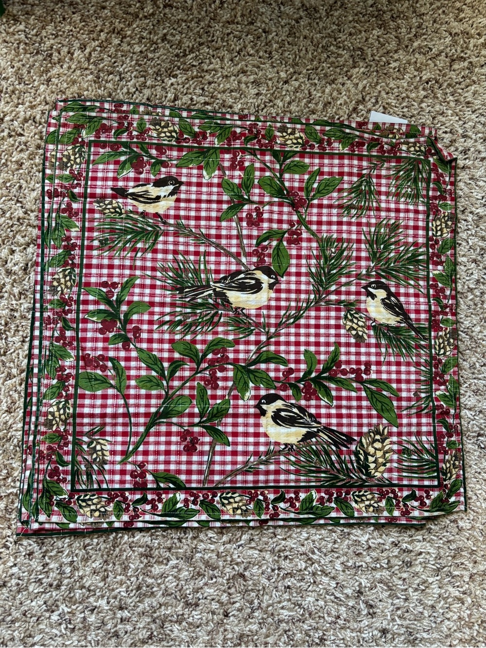 April Cornell Cornell Chickadee Red Plaid Holiday Bird Tablecloth & 4 Napkins